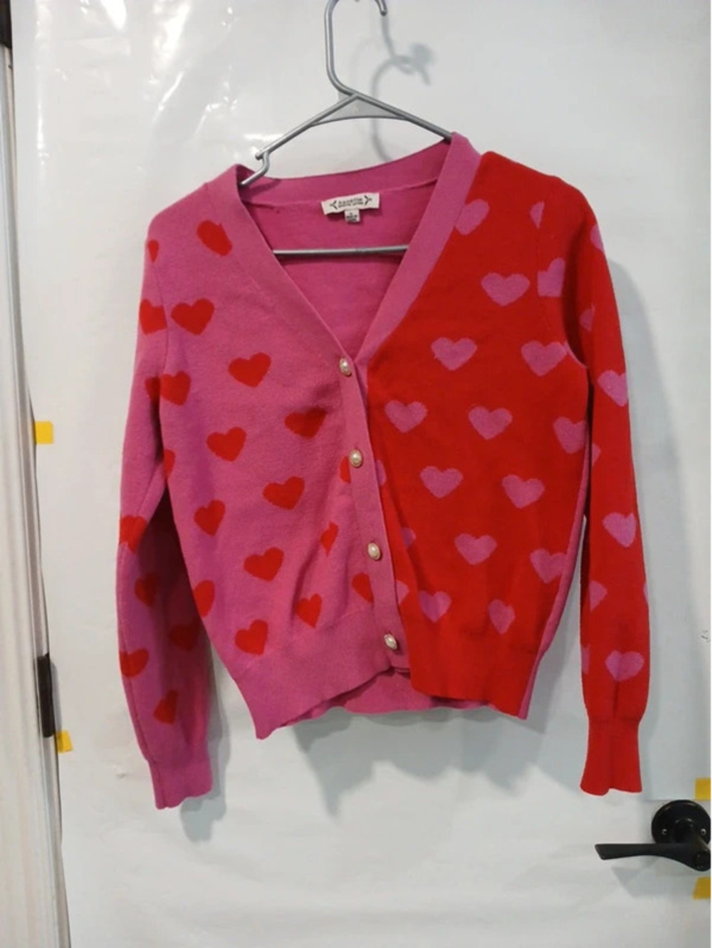 Woman, girl size small pink red cardigan with hearts